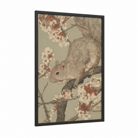 Blossom Squirrel framed art print — black wood frame — cream and russet palette