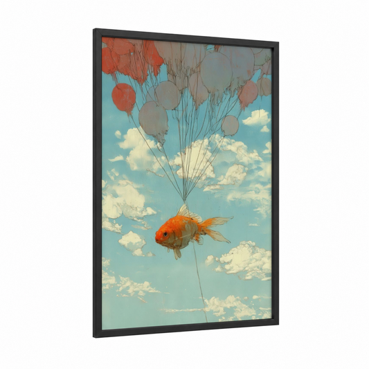 Floating Goldfish framed zebrafish print — black wood frame — blue and orange palette