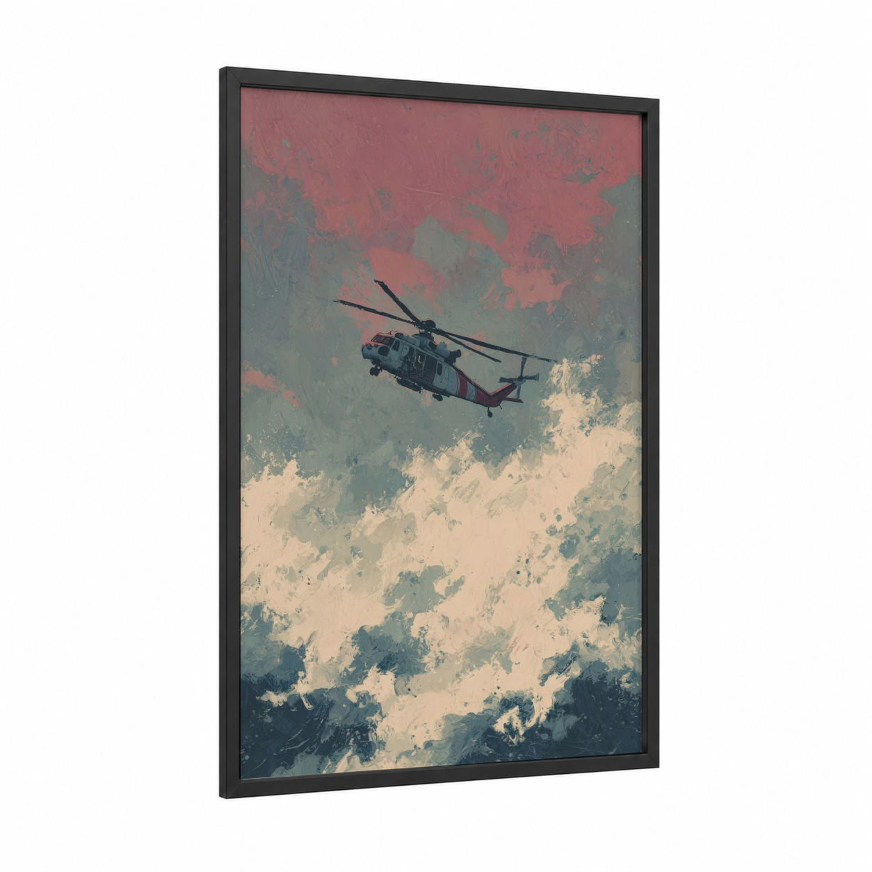 Rescue Helicopter Sky framed art print — black wood frame — sage green and salmon pink palette