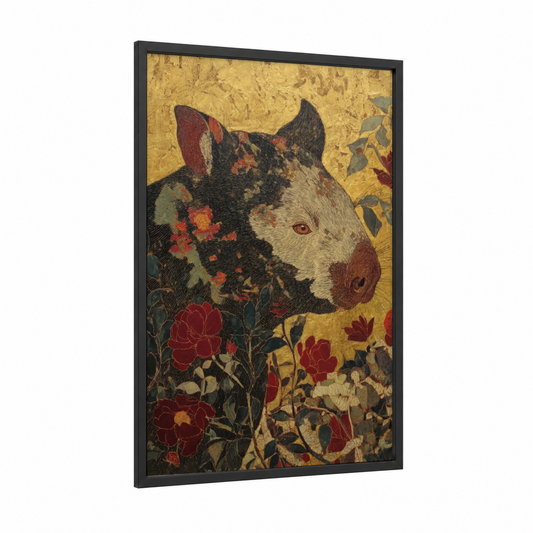 Golden Wombat framed art print — black wood frame — yellow gold and red palette