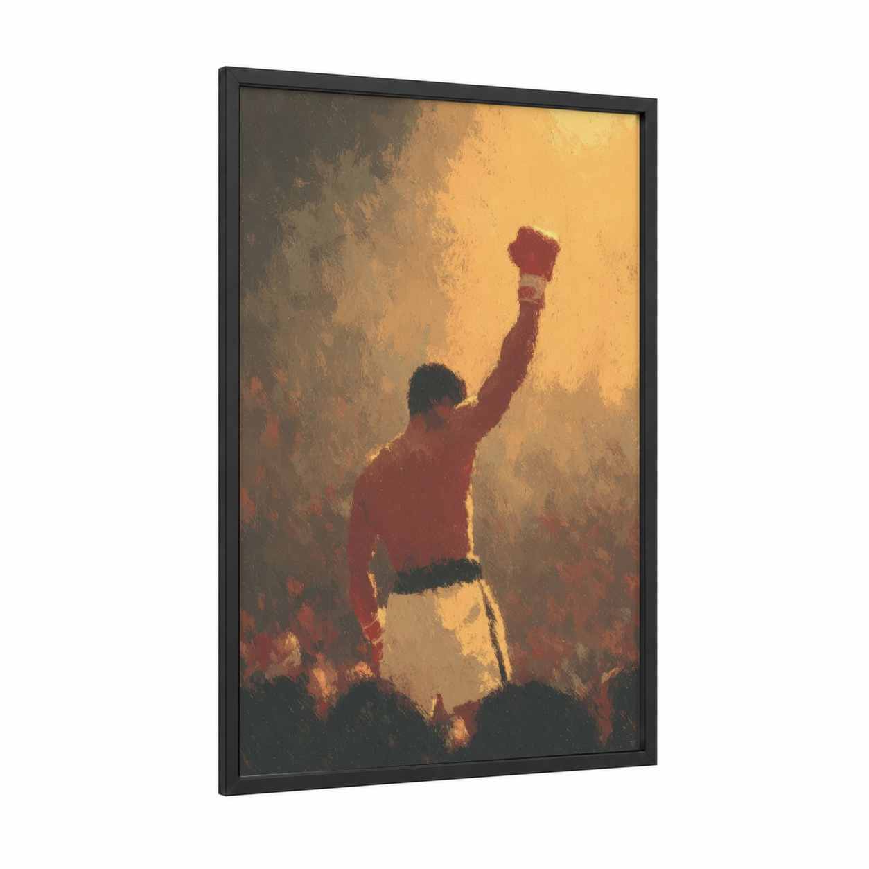 Victory Stance framed boxing print — black wood frame — gold and red palette