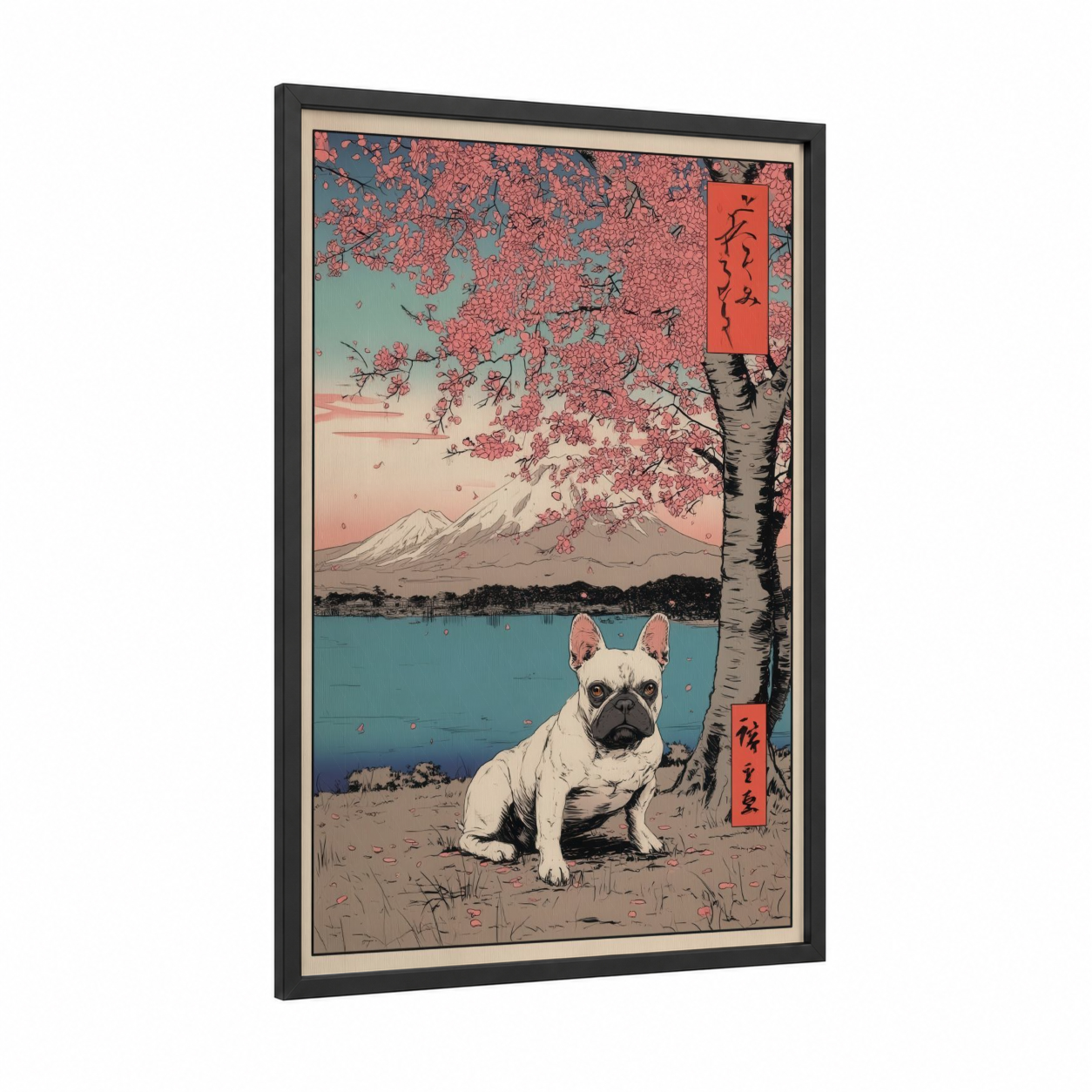 Sakura Bulldog framed art print — black wood frame — salmon pink and bermuda gray palette
