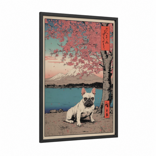 Sakura Bulldog framed art print — black wood frame — salmon pink and bermuda gray palette
