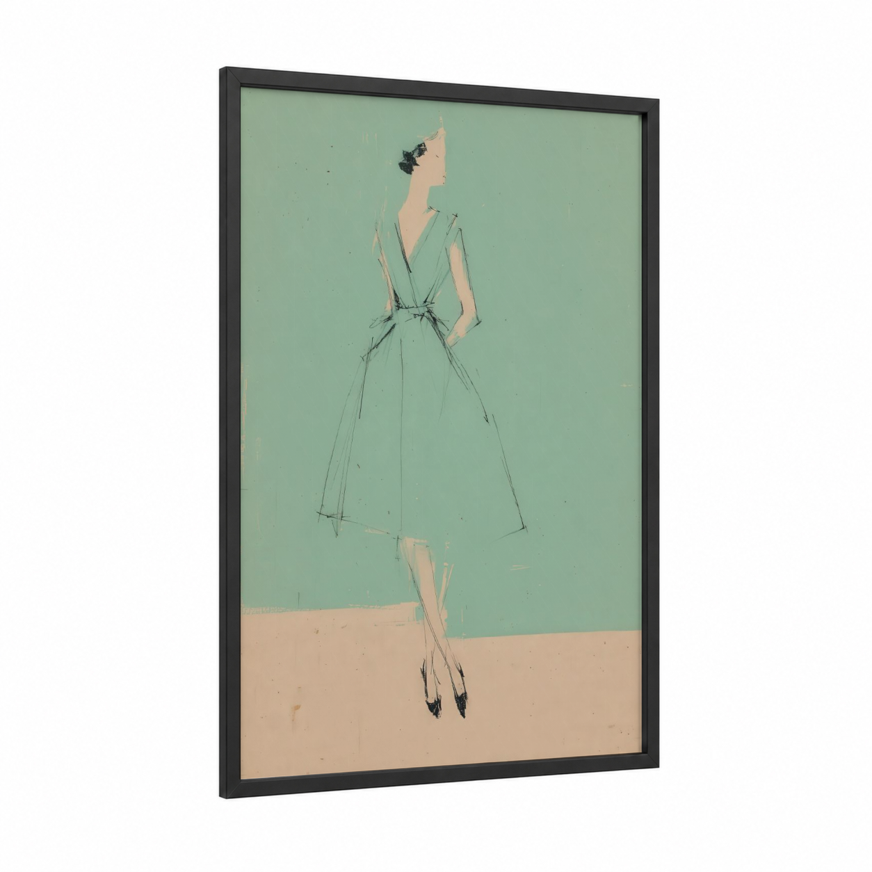 Vintage Elegance framed fashion illustration print — black wood frame — sage green and peach palette