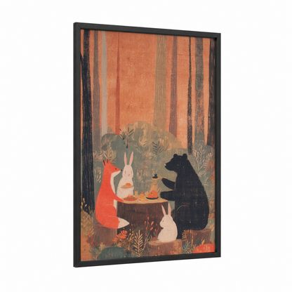 Forest Feast Gathering framed thanksgiving print — black wood frame — orange and gold palette