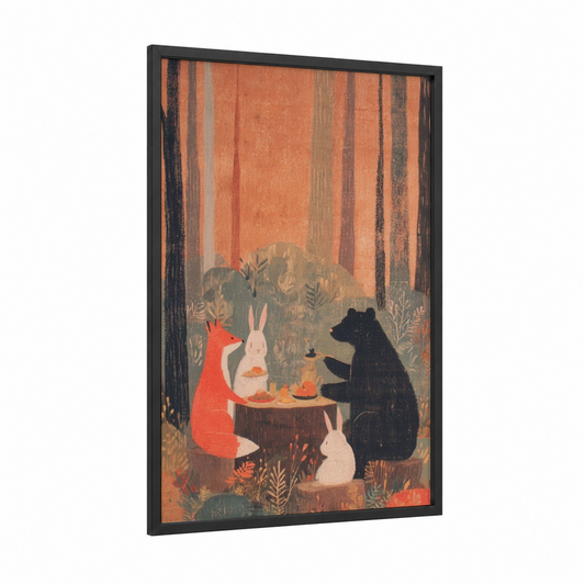 Forest Feast Gathering framed thanksgiving print — black wood frame — orange and gold palette