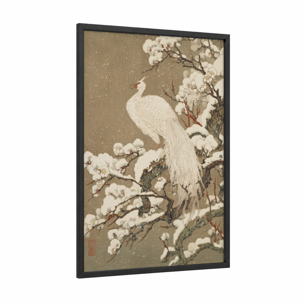 Snowy Phoenix framed art print — black wood frame — beige and white palette