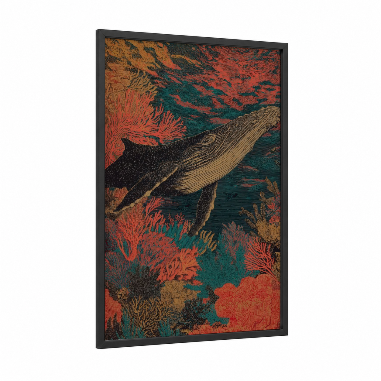 Coral Humpback framed humpback whale print — black wood frame — teal and red palette
