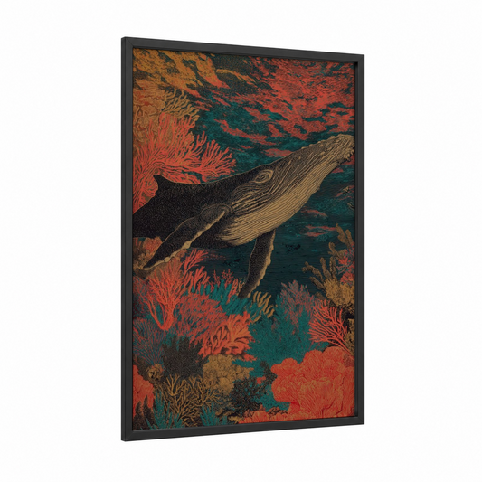 Coral Humpback framed humpback whale print — black wood frame — teal and red palette