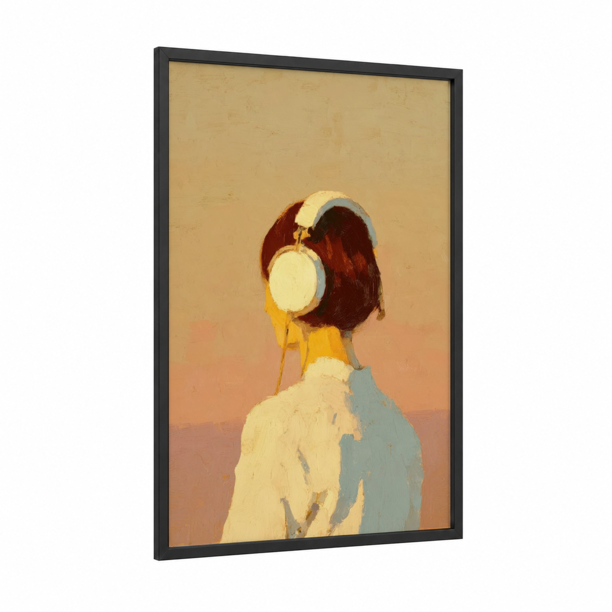 Listening Back View framed headphones print — black wood frame — peach and cream palette