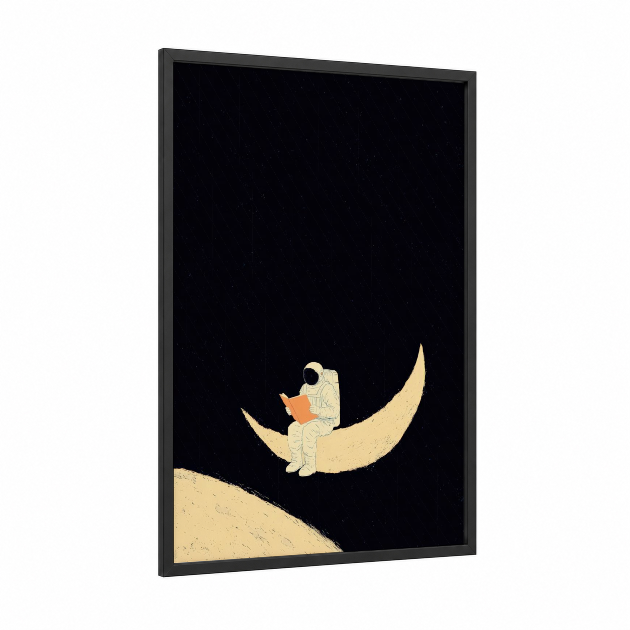 Lunar Reader framed astronaut print — black wood frame — black and gold palette