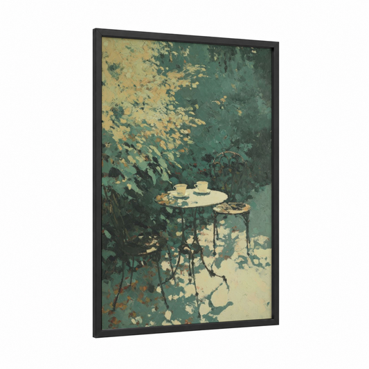 Vintage Garden Coffee framed art print — black wood frame — sage green and cream palette