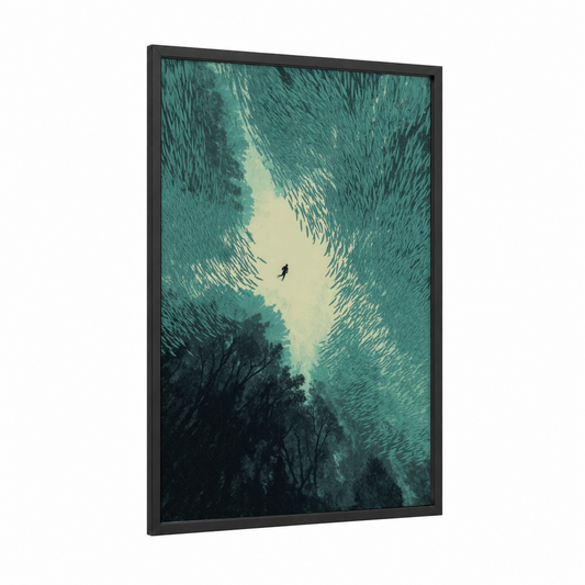 Canopy Snorkeler framed snorkeling print — black wood frame — teal and cream palette