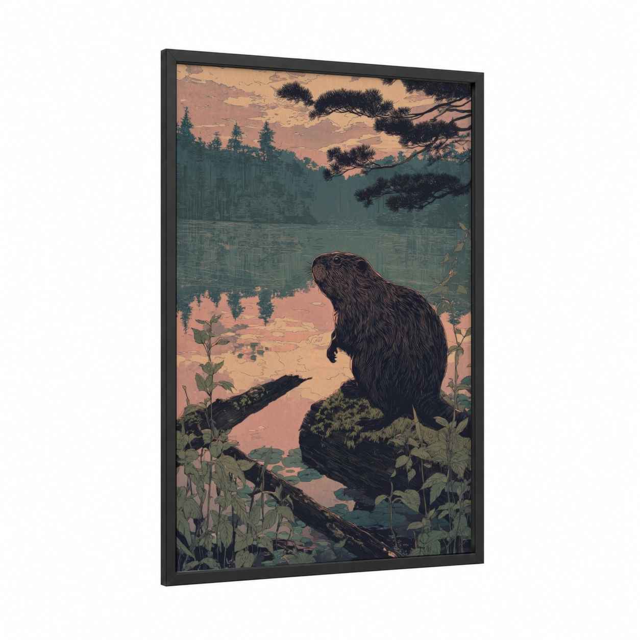Riverside Beaver framed art print — black wood frame — peach and sage green palette