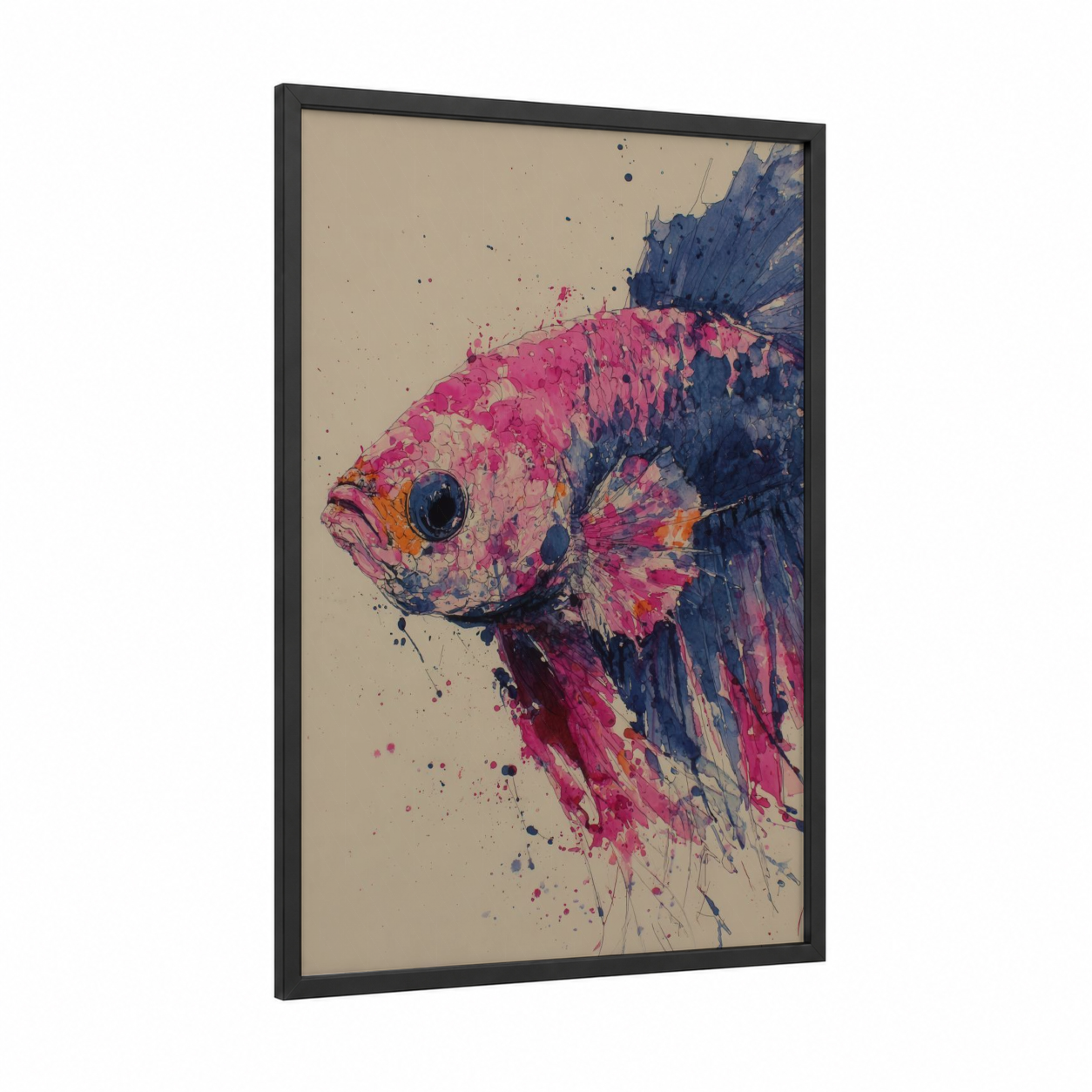 Crimson Betta Fish framed art print — black wood frame — magenta and dark blue palette