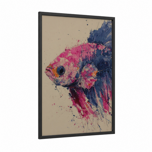 Crimson Betta Fish framed art print — black wood frame — magenta and dark blue palette