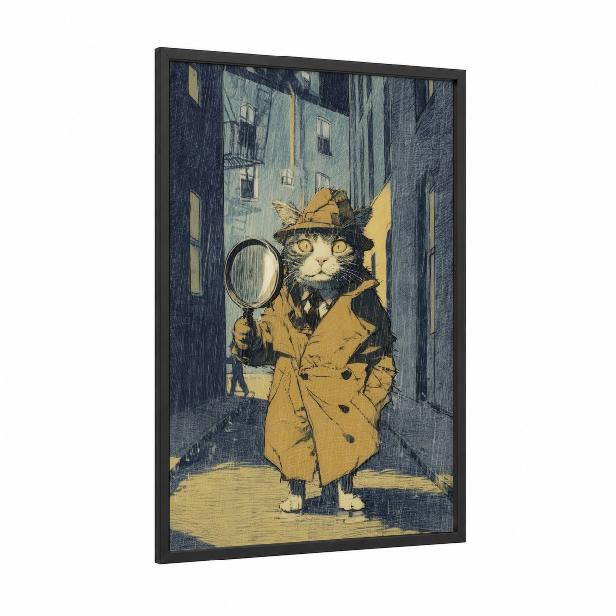 Detective Cat framed art print — black wood frame — yellow gold and dark blue palette