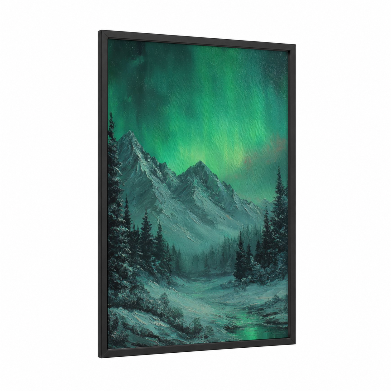 Aurora Mountain Wilderness framed northern lights print — black wood frame — teal and green palette