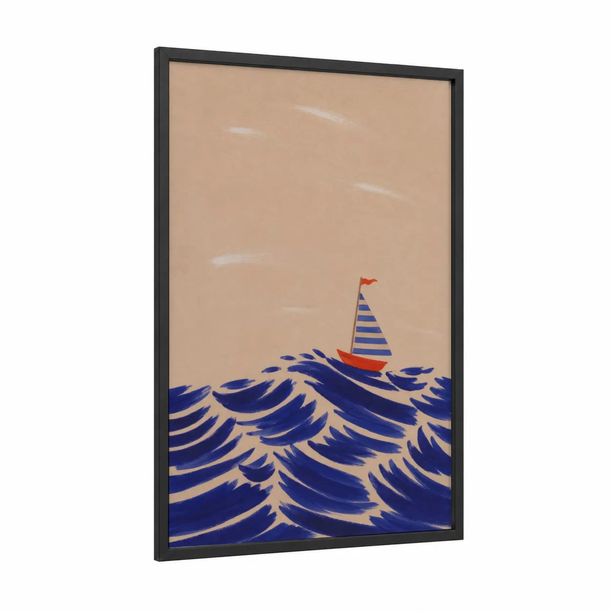 Sailing Boat Ocean Waves Wall Art framed seascapes and ocean print — black wood frame — royal blue and beige palette