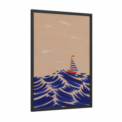 Sailing Boat Ocean Waves Wall Art framed seascapes and ocean print — black wood frame — royal blue and beige palette