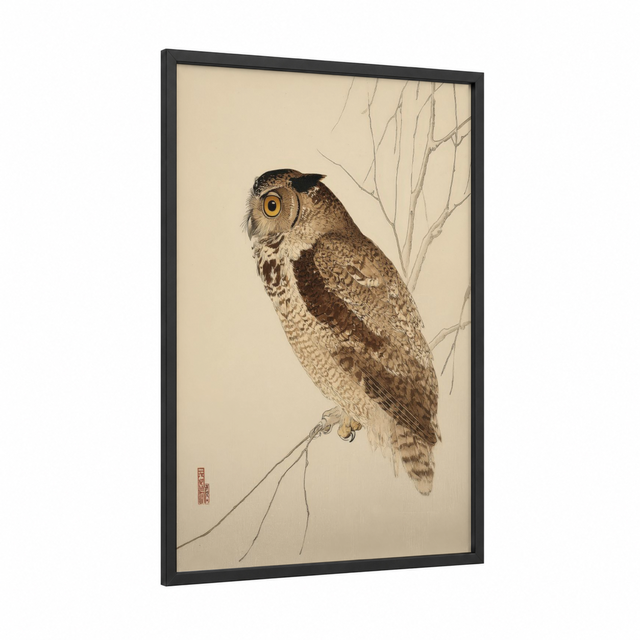 Golden-Eyed Owl framed art print — black wood frame — cream and brown palette