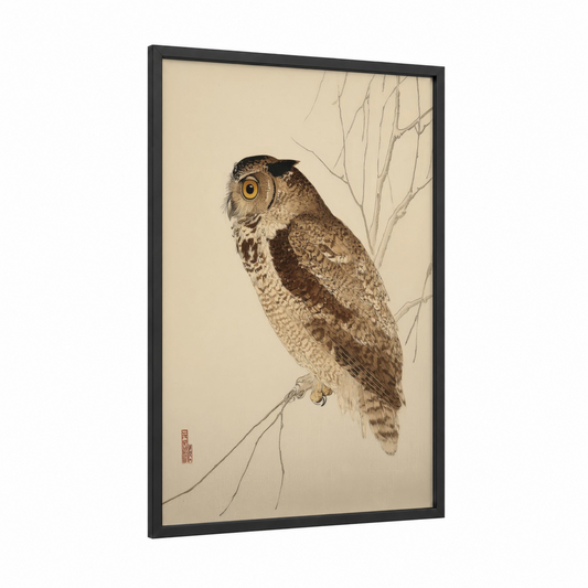 Golden-Eyed Owl framed art print — black wood frame — cream and brown palette