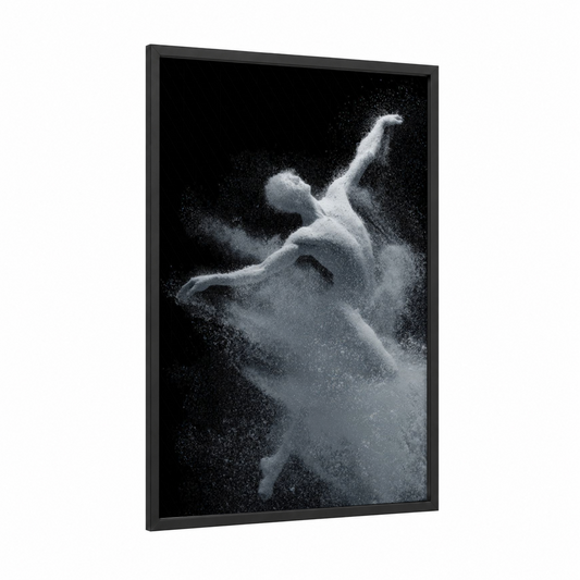 Powder Dance framed modern dance print — black wood frame — black and white and gray palette