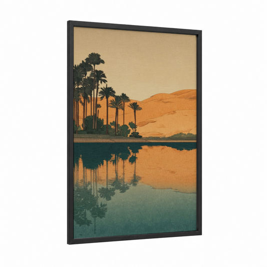 Desert Oasis framed art print — black wood frame — gold and teal palette