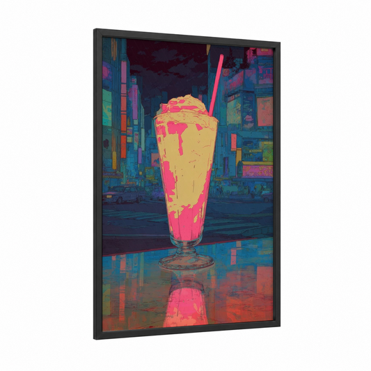 Neon Milkshake framed art print — black wood frame — magenta and yellow gold palette