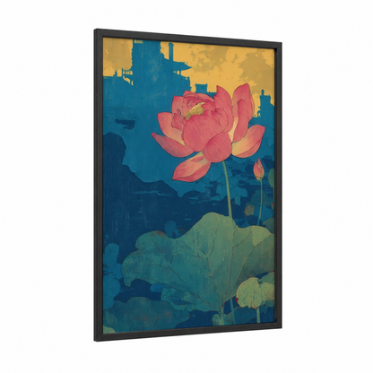 Crimson Lotus Dream framed art print — black wood frame — gold and teal palette