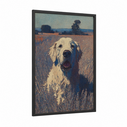 Golden Field Retriever framed art print — black wood frame — cream and blue and gold palette