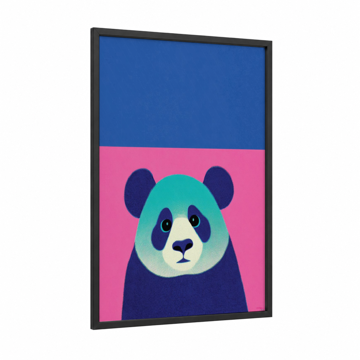 Turquoise Panda framed art print — black wood frame — blue and magenta palette