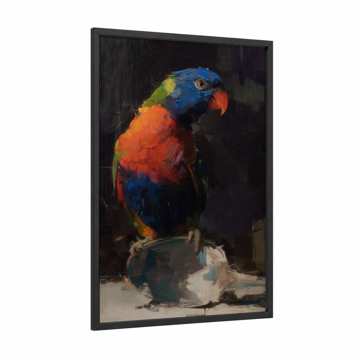 Vibrant Lorikeet Portrait framed rainbow lorikeet print — black wood frame — blue and orange palette