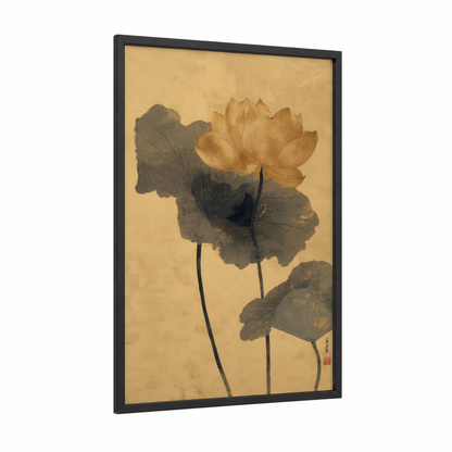 Golden Lotus Bloom framed art print — black wood frame — gold and cream palette