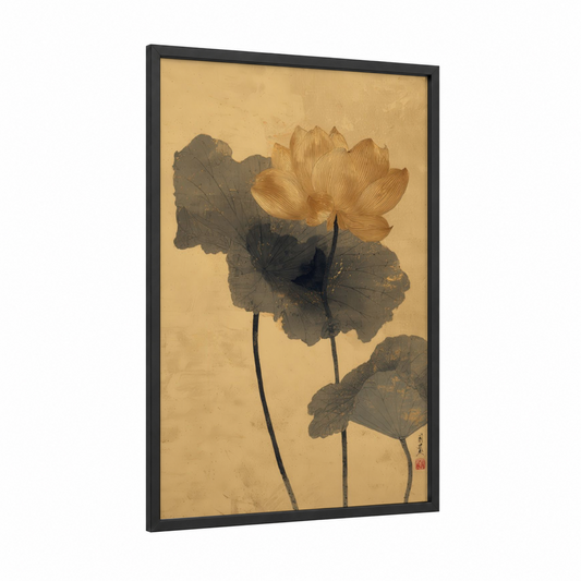 Golden Lotus Bloom framed art print — black wood frame — gold and cream palette