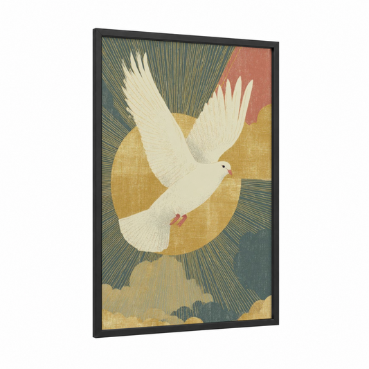 Heavenly Peace Dove framed christian symbols print — black wood frame — yellow gold and blue and gray palette