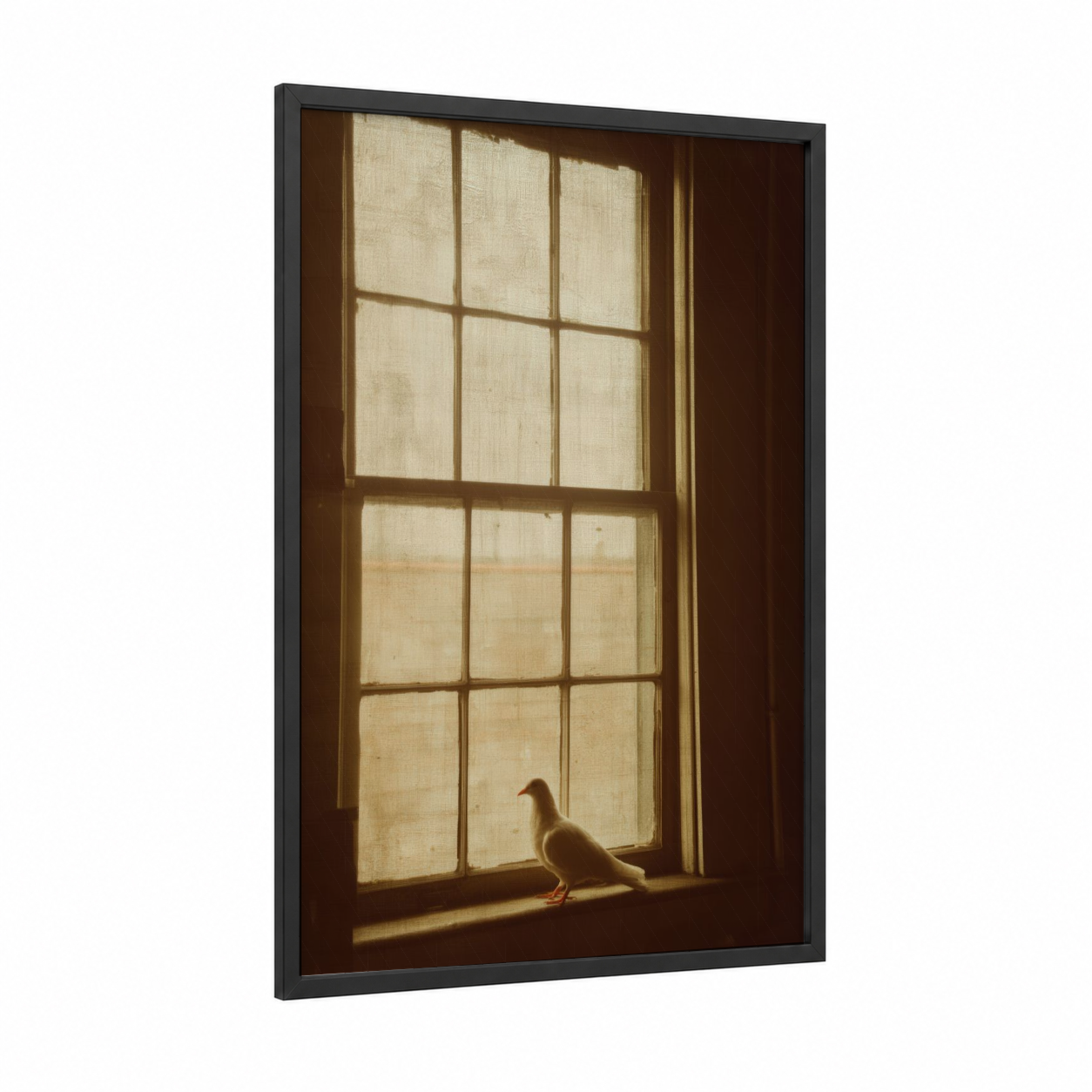 Windowsill Dove framed art print — black wood frame — cream and brown palette