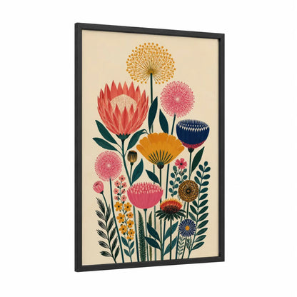 Stylized Botanical Garden Wall Art framed flower print — black wood frame — pink and orange palette