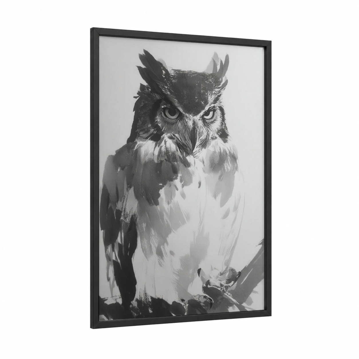 Intense Owl Portrait framed art print — black wood frame — black and white and gray palette