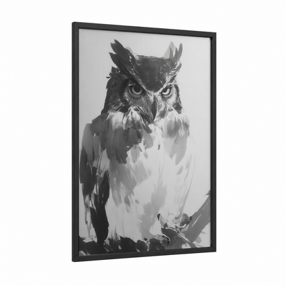 Intense Owl Portrait framed art print — black wood frame — black and white and gray palette
