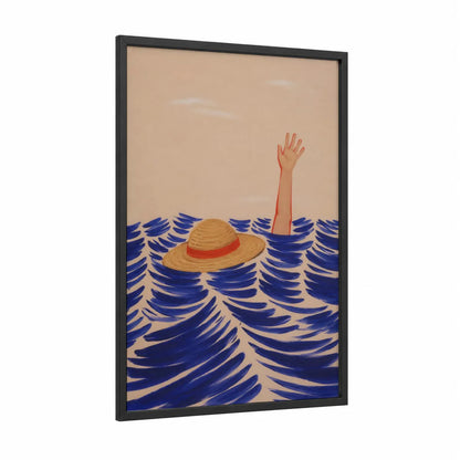 Ocean Waves Swimmer Wall Art framed seascapes and ocean print — black wood frame — blue and beige palette