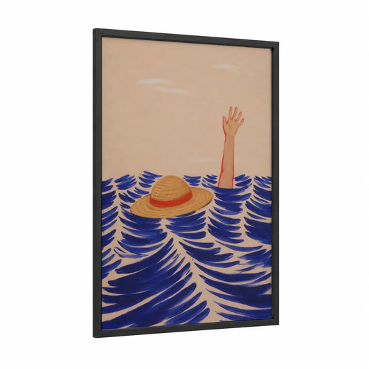 Ocean Waves Swimmer Wall Art framed seascapes and ocean print — black wood frame — blue and beige palette