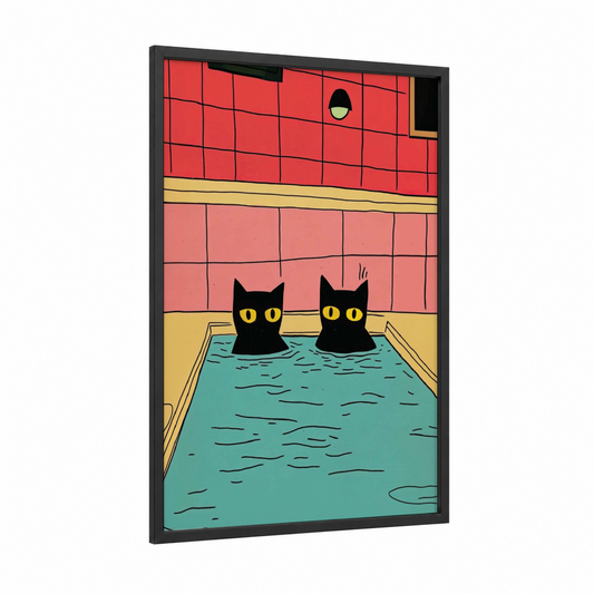 Bathing Cats Duo framed art print — black wood frame — red and teal palette