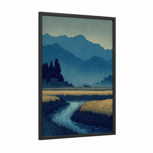 Rainy Grain Fields framed art print — black wood frame — blue and gold palette