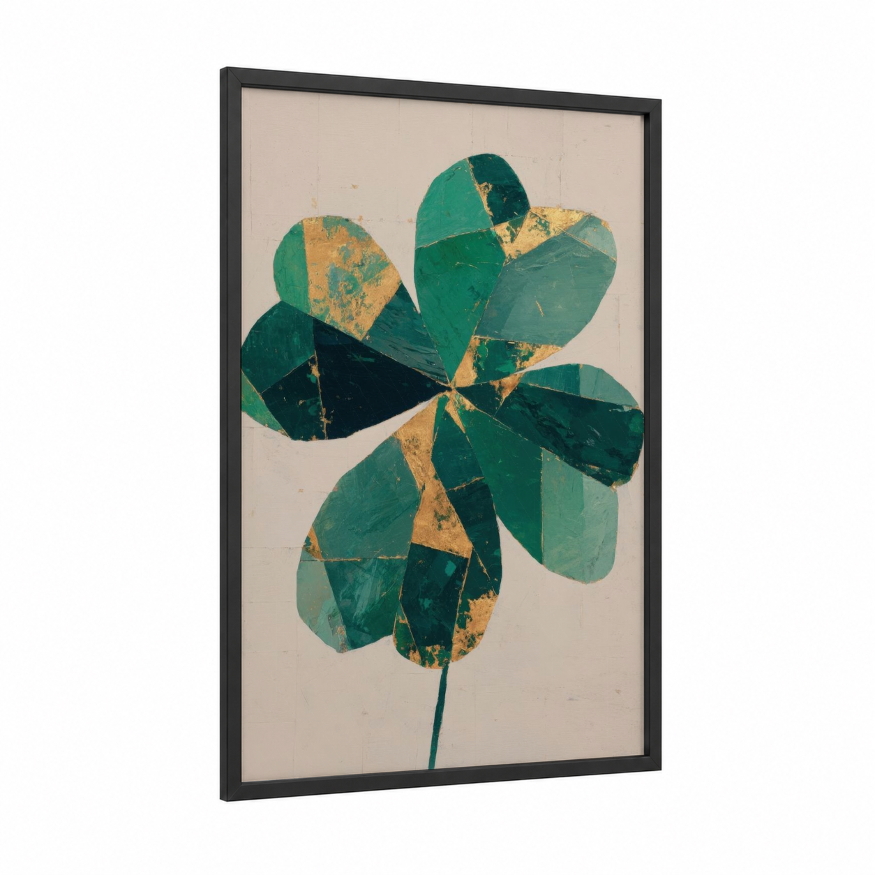 Golden Shamrock Leaf framed st. patrick's day print — black wood frame — dark green and gold palette