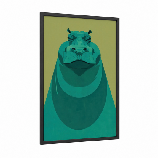 Geometric Hippo framed art print — black wood frame — teal and olive palette