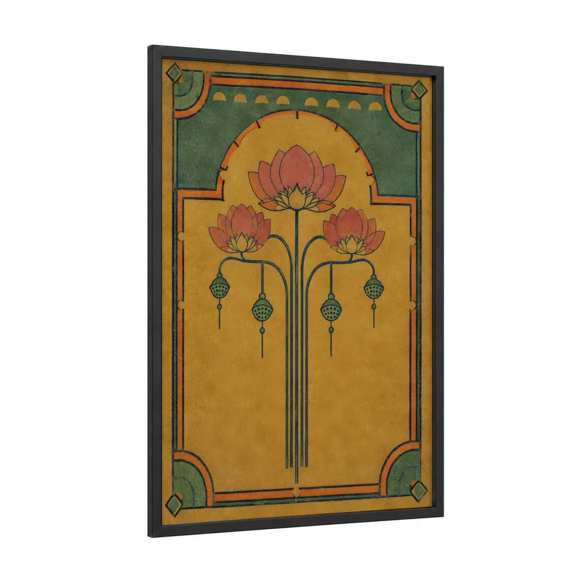 Art Deco Lotus Flower Wall Art framed art print — black wood frame — gold and olive palette
