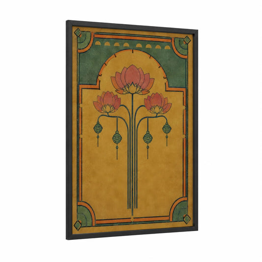 Art Deco Lotus Flower Wall Art framed art print — black wood frame — gold and olive palette