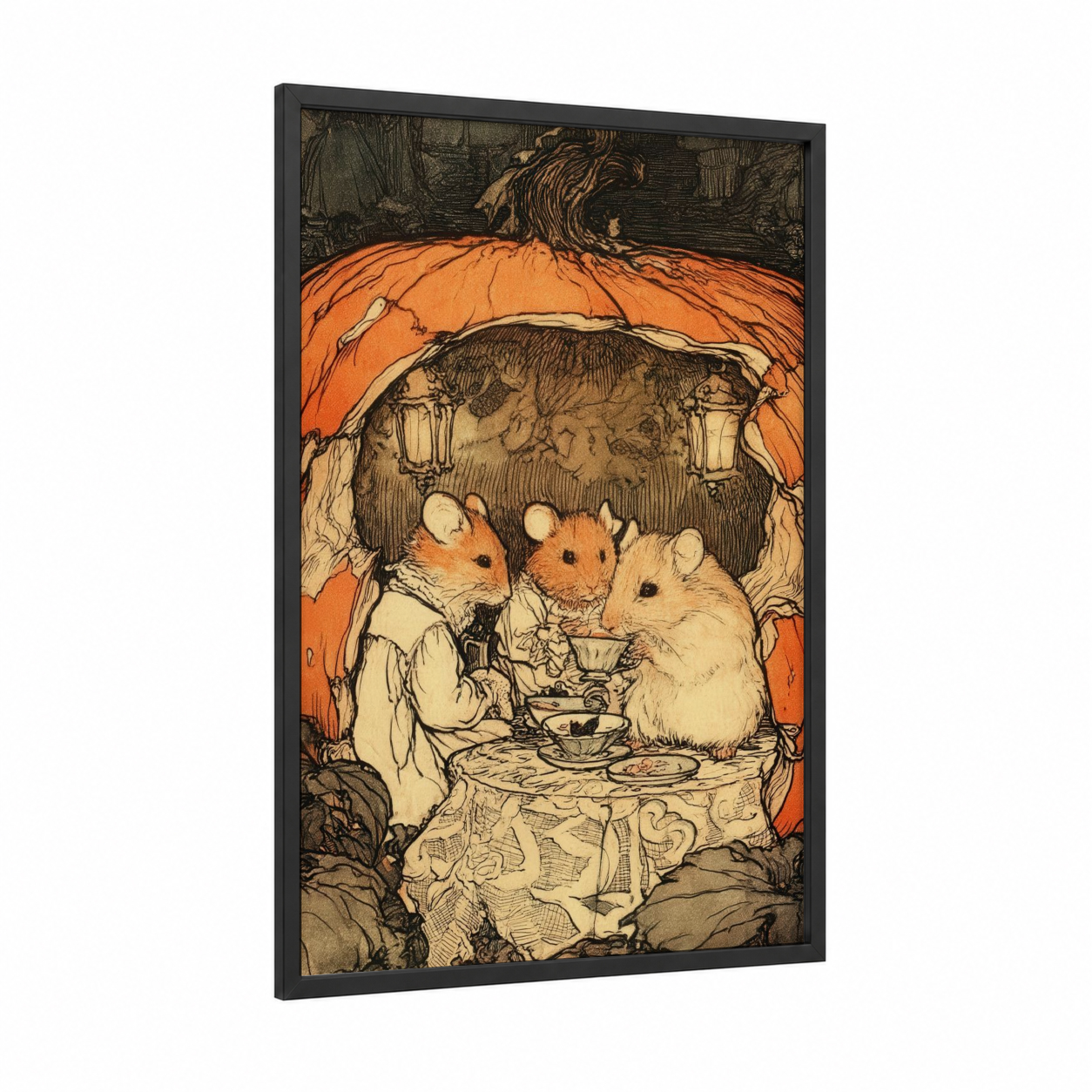 Pumpkin Hamster Feast framed art print — black wood frame — orange and black and white palette