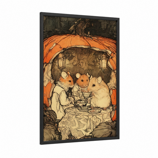 Pumpkin Hamster Feast framed art print — black wood frame — orange and black and white palette